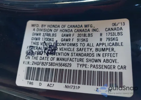 2013 Honda Civic Lx from USA, damaged, VIN 2HGFB2F58DH564629